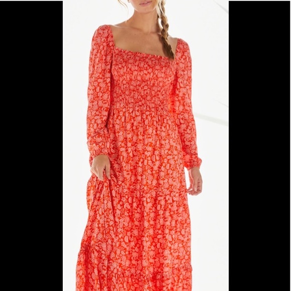 Dolan Left Coast Anthropology red midi smocked bodice dress NEW - Picture 1 of 11